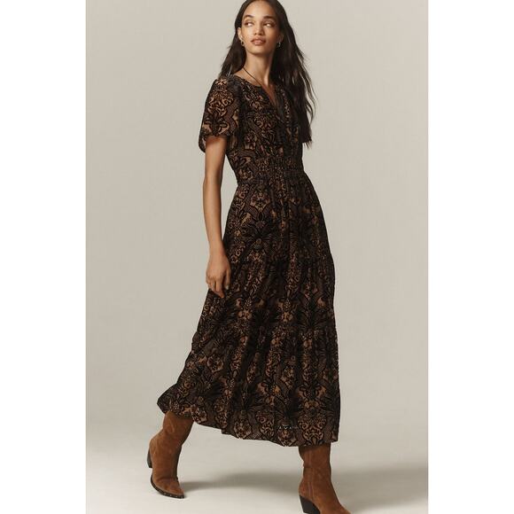 Anthropologie Dresses & Skirts - Anthropologie Somerset Maxi Velvet Burnout Dress Tiered Black Floral Size S